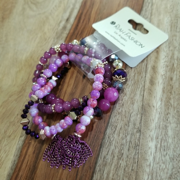 Riah Set Of Stretch Beaded Bracelets Purple Multi - Picture 3 of 5